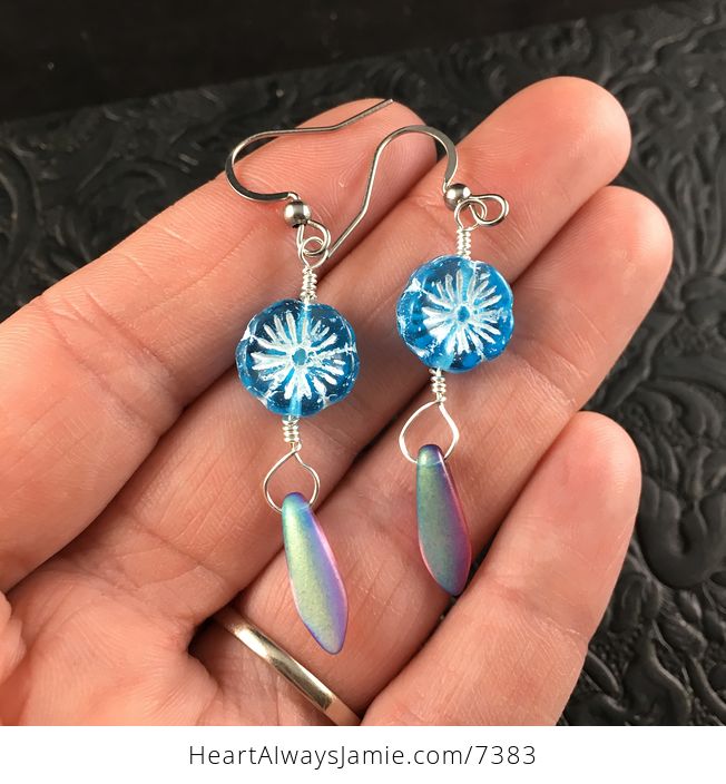 Blue and White Glass Hawaiian Flower and Blue and Purple Dagger Earrings with Silver Wire - #WZg8Wm2t2qA-1