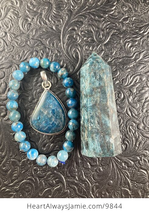 Blue Apatite Crystal Stone Jewelry Pendant Bracelet and Tower Gift Set - #pTi2rLHgzoM-5