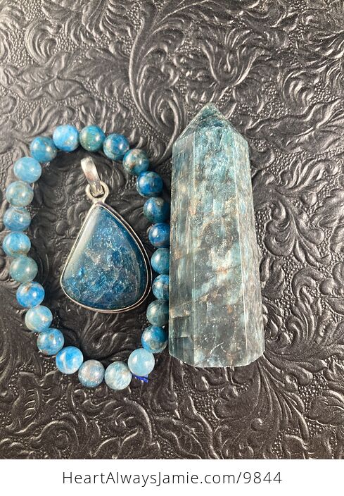 Blue Apatite Crystal Stone Jewelry Pendant Bracelet and Tower Gift Set - #pTi2rLHgzoM-7