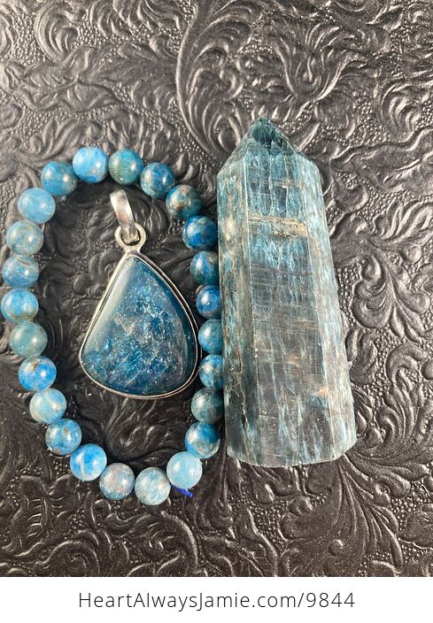 Blue Apatite Crystal Stone Jewelry Pendant Bracelet and Tower Gift Set - #pTi2rLHgzoM-9