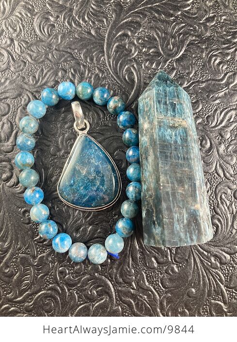 Blue Apatite Crystal Stone Jewelry Pendant Bracelet and Tower Gift Set - #pTi2rLHgzoM-1