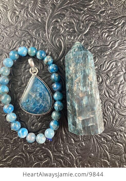 Blue Apatite Crystal Stone Jewelry Pendant Bracelet and Tower Gift Set - #pTi2rLHgzoM-6
