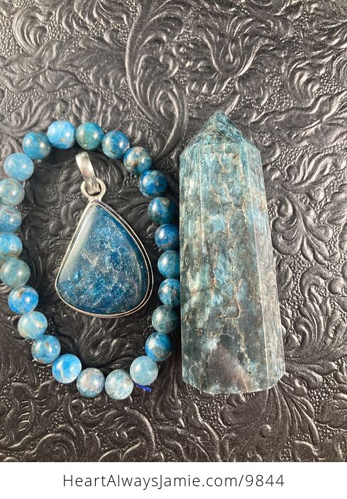 Blue Apatite Crystal Stone Jewelry Pendant Bracelet and Tower Gift Set - #pTi2rLHgzoM-8