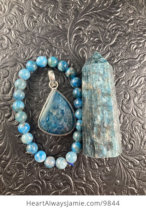 Blue Apatite Crystal Stone Jewelry Pendant Bracelet and Tower Gift Set - #pTi2rLHgzoM-4