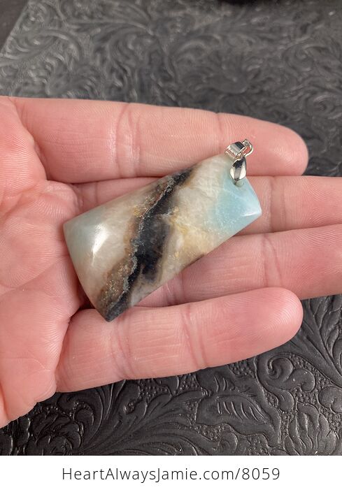 Blue Beige and Brown Natural Amazonite Jasper and Smoky Quartz Crystal Stone Jewelry Pendant - #zZSyKZVikGo-2