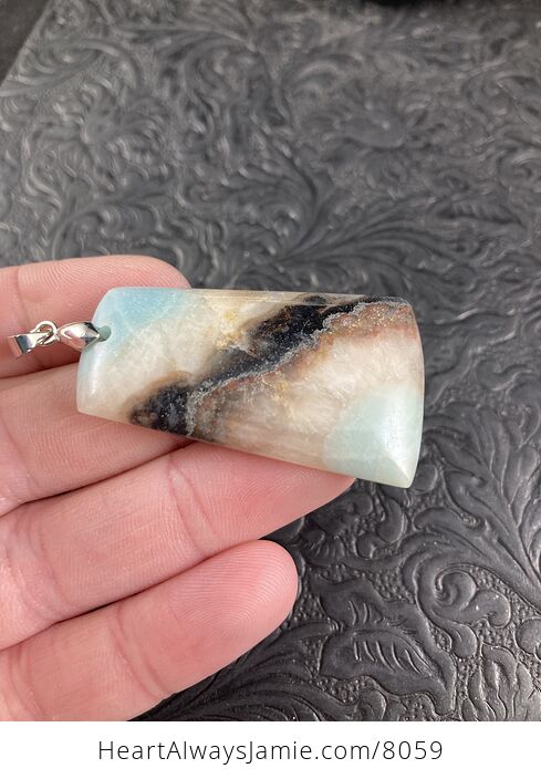 Blue Beige and Brown Natural Amazonite Jasper and Smoky Quartz Crystal Stone Jewelry Pendant - #zZSyKZVikGo-3