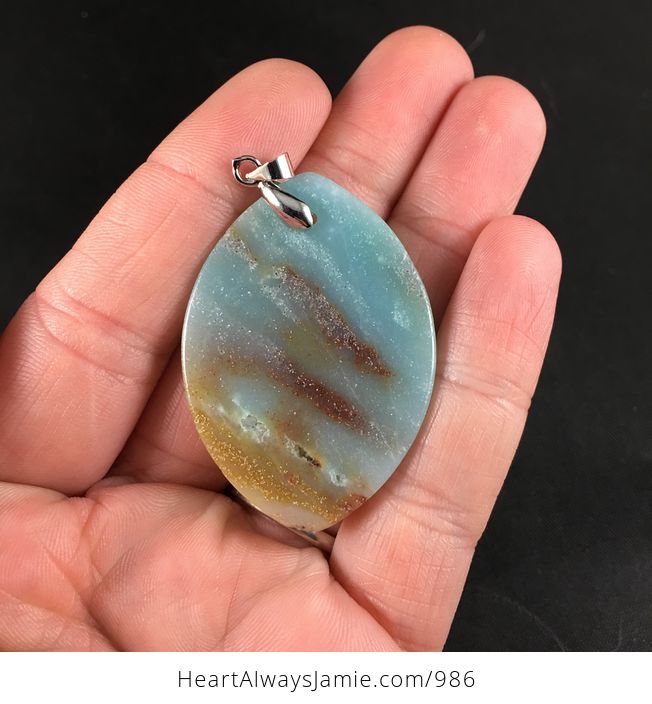 Blue Brown and Tan Natural Amazonite Jasper Stone Pendant Necklace - #yvcf4KtEwgU-2