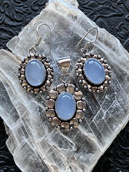 Blue Chalcedony Crystal Stone Jewelry Pendant and Earrings Set #JWOQYw0yGOo