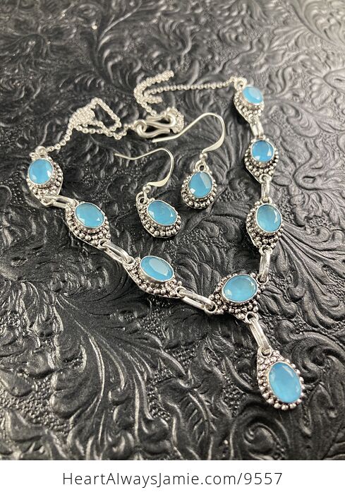 Blue Chalcedony Stone Crystal Necklace and Earring Jewelry Set - #vmP3QwsTcB4-2
