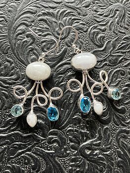 Blue Crystal and Rainbow Moonstone Gemstone Crystal Jewelry Swirl Earrings #DB3NdaKWzZY