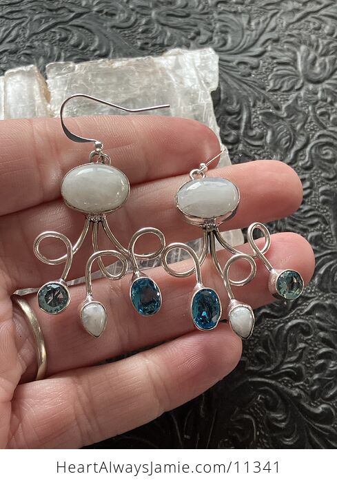 Blue Crystal and Rainbow Moonstone Gemstone Crystal Jewelry Swirl Earrings - #DB3NdaKWzZY-7