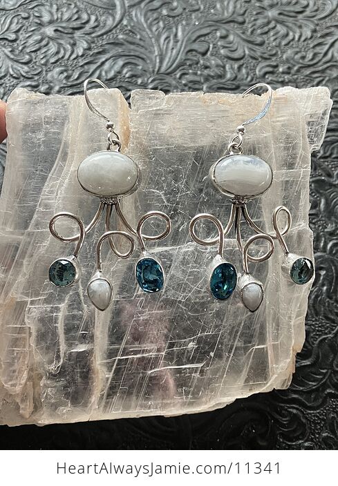 Blue Crystal and Rainbow Moonstone Gemstone Crystal Jewelry Swirl Earrings - #DB3NdaKWzZY-5