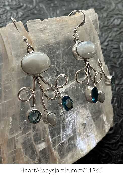 Blue Crystal and Rainbow Moonstone Gemstone Crystal Jewelry Swirl Earrings - #DB3NdaKWzZY-4