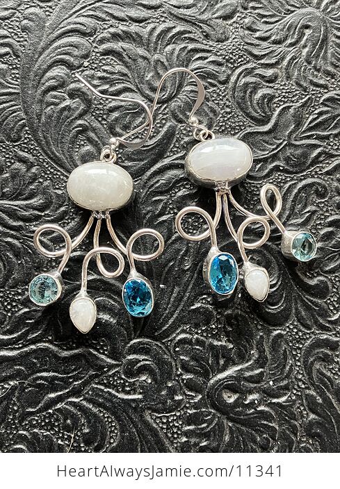 Blue Crystal and Rainbow Moonstone Gemstone Crystal Jewelry Swirl Earrings - #DB3NdaKWzZY-1