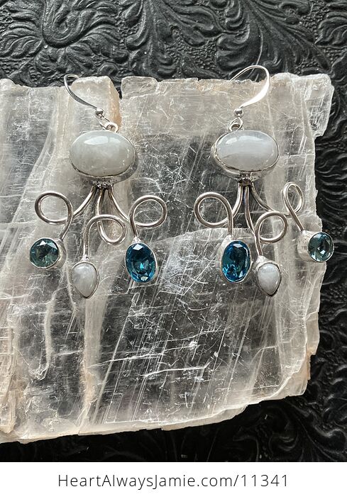 Blue Crystal and Rainbow Moonstone Gemstone Crystal Jewelry Swirl Earrings - #DB3NdaKWzZY-2