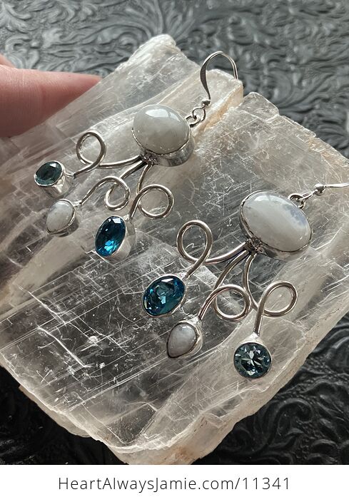 Blue Crystal and Rainbow Moonstone Gemstone Crystal Jewelry Swirl Earrings - #DB3NdaKWzZY-3