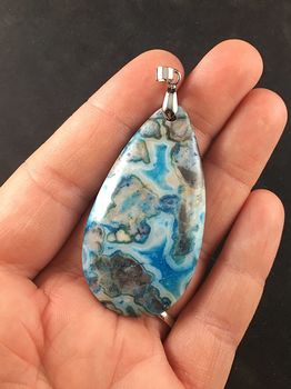 Blue Druzy and Beige Crazy Lace Agate Stone Pendant Jewelry #fI8h2A2dcO8