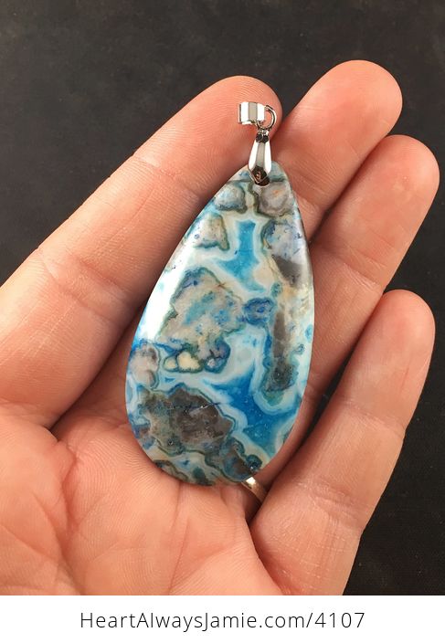 Blue Druzy and Beige Crazy Lace Agate Stone Pendant Jewelry - #fI8h2A2dcO8-1