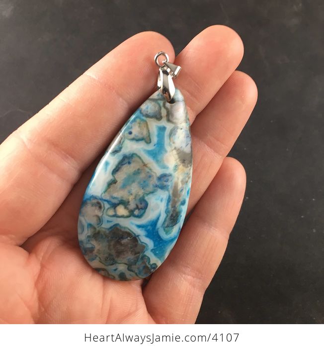 Blue Druzy and Beige Crazy Lace Agate Stone Pendant Necklace Jewelry - #fI8h2A2dcO8-3