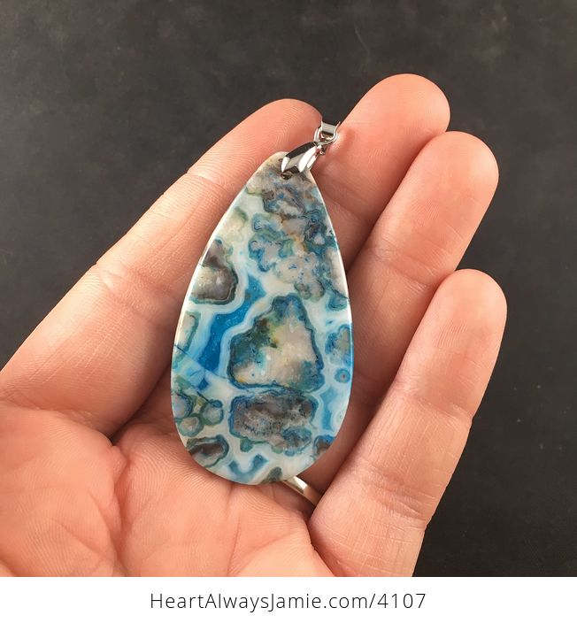 Blue Druzy and Beige Crazy Lace Agate Stone Pendant Necklace Jewelry - #fI8h2A2dcO8-5