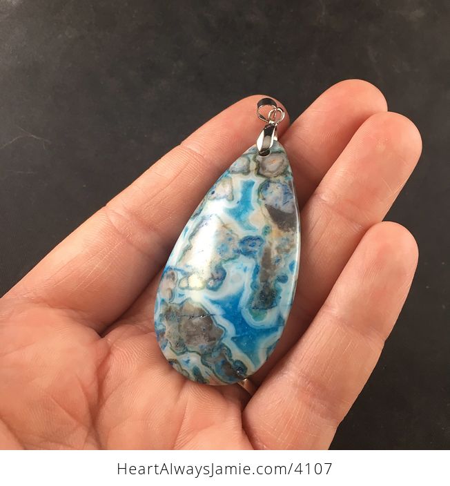 Blue Druzy and Beige Crazy Lace Agate Stone Pendant Necklace Jewelry - #fI8h2A2dcO8-2