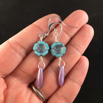 Blue Glass Hawaiian Flower and Mauve Dagger Earrings with Silver Wire #OblEGPJudN8