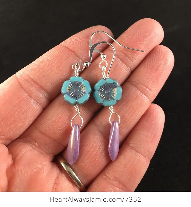 Blue Glass Hawaiian Flower and Mauve Dagger Earrings with Silver Wire - #OblEGPJudN8-1