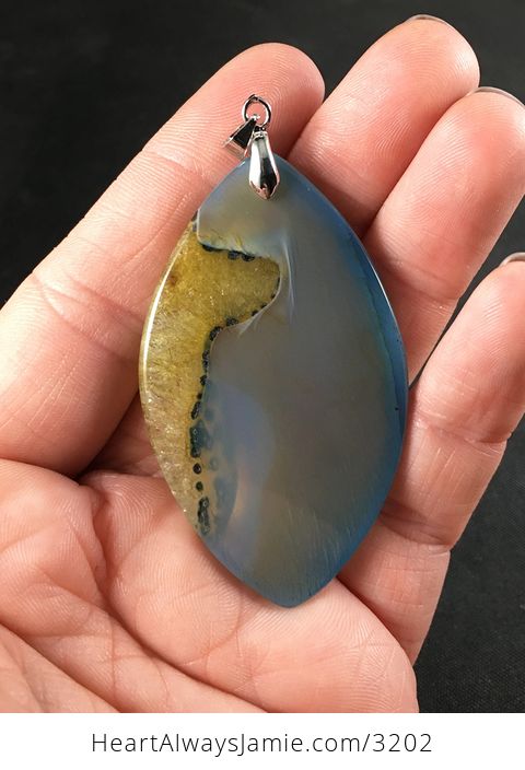Blue Gray and Yellow Druzy Agate Stone Pendant Necklace - #QORLxcdAZIQ-2