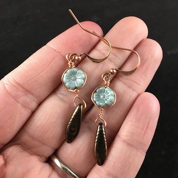 Blue Gray Hawaiian Flower and Bronze Black Feather Patterned Dagger Earrings with Copper Wire #O7d2XCeLk5w