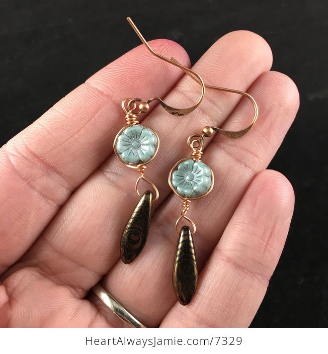 Blue Gray Hawaiian Flower and Bronze Black Feather Patterned Dagger Earrings with Copper Wire - #O7d2XCeLk5w-1