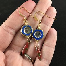 Blue Hawaiian Flower and Picasso Dagger Earrings with Gold Wire #SMbZ8dT9Wy8