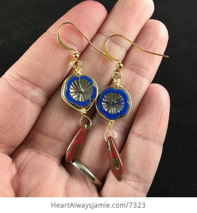 Blue Hawaiian Flower and Picasso Dagger Earrings with Gold Wire - #SMbZ8dT9Wy8-1