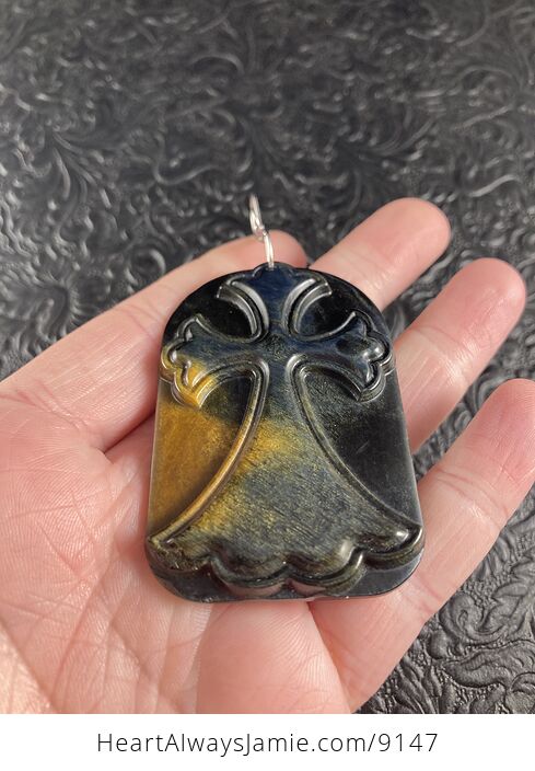 Blue Hawks Eye or Tiger Eye Cross Stone Jewelry Pendant Mini Art Ornament - #KGsU5UKuneg-3