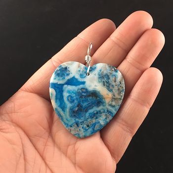 Blue Heart Shaped Druzy Mexican Crazy Lace Agate Stone Jewelry Pendant #cNoNnrHYnQc