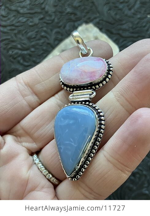 Blue Opal and Pink Rainbow Moonstone Crystal Stone Jewelry Pendant - #w2vWAH41WgM-3