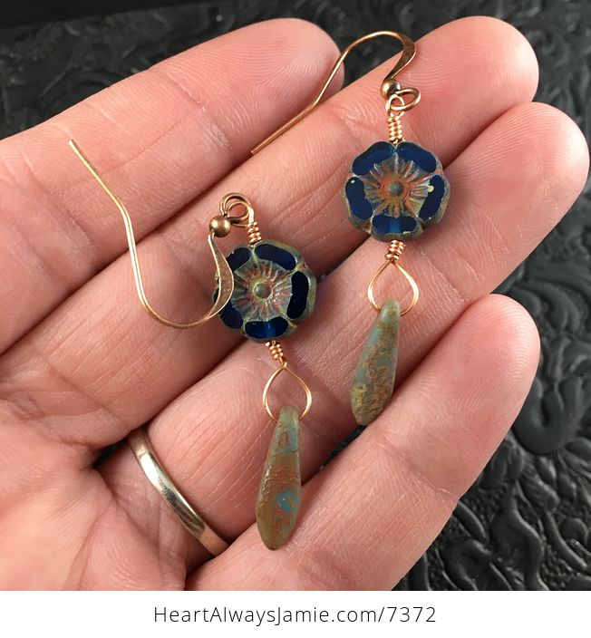 Blue Picasso Glass Hawaiian Flower and Rusty Turquoise Dagger Earrings with Copper Wire - #4ehuGl2tKXw-1