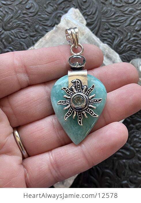 Blue Topaz Sun and Amazonite Crystal Gemstone Jewelry Pendant - #ZZgyOeTKodY-1