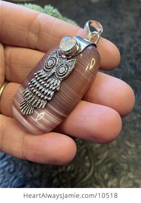 Botswana Agate and Rainbow Moonstone Owl Crystal Stone Jewelry Pendant - #56V81HoHkBE-3