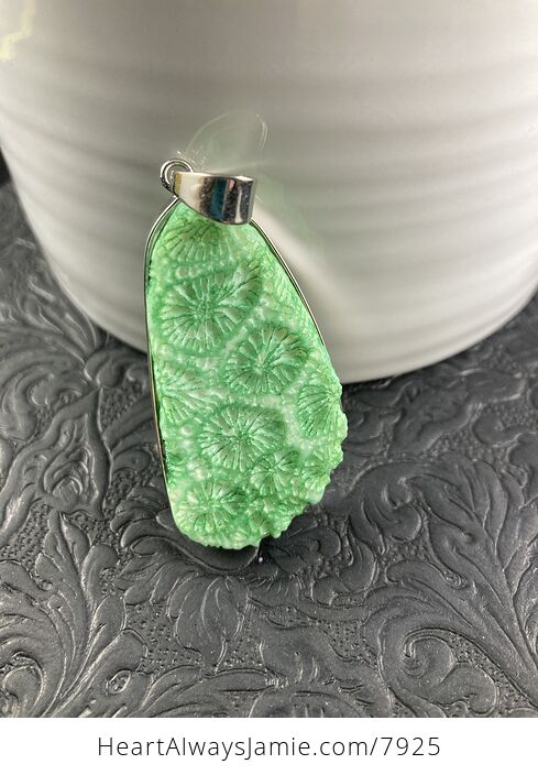 Bright Green Nipomo Coral Fossil Wire Framed Stone Pendant - #uoxeGyPSZqU-5