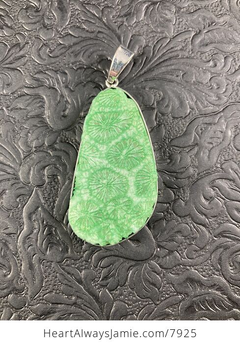 Bright Green Nipomo Coral Fossil Wire Framed Stone Pendant - #uoxeGyPSZqU-2