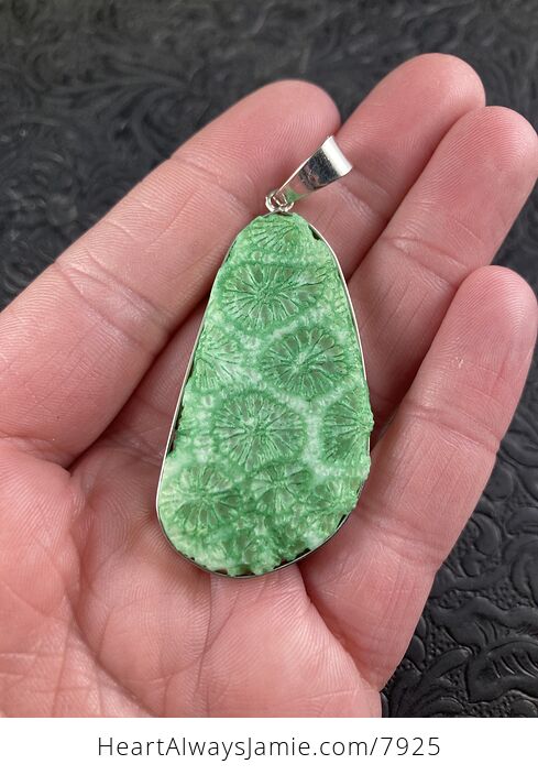 Bright Green Nipomo Coral Fossil Wire Framed Stone Pendant - #uoxeGyPSZqU-1