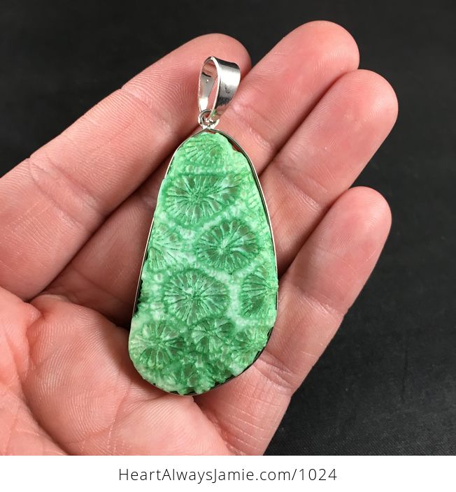 Bright Green Nipomo Coral Fossil Wire Framed Stone Pendant - #wRsNCzOgtx8-1
