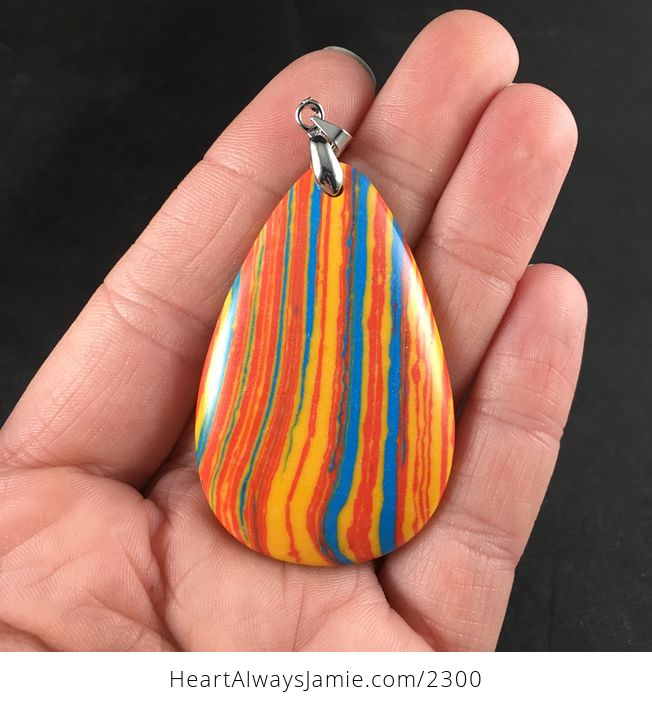 Bright Striped Red Orange and Blue Synthetic Stone Pendant - #6jL2goGwgK0-1
