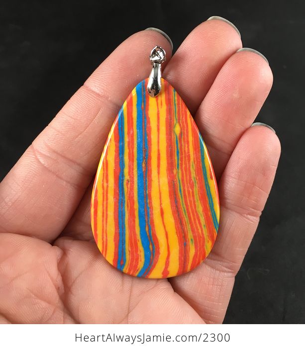 Bright Striped Red Orange and Blue Synthetic Stone Pendant Necklace - #6jL2goGwgK0-2