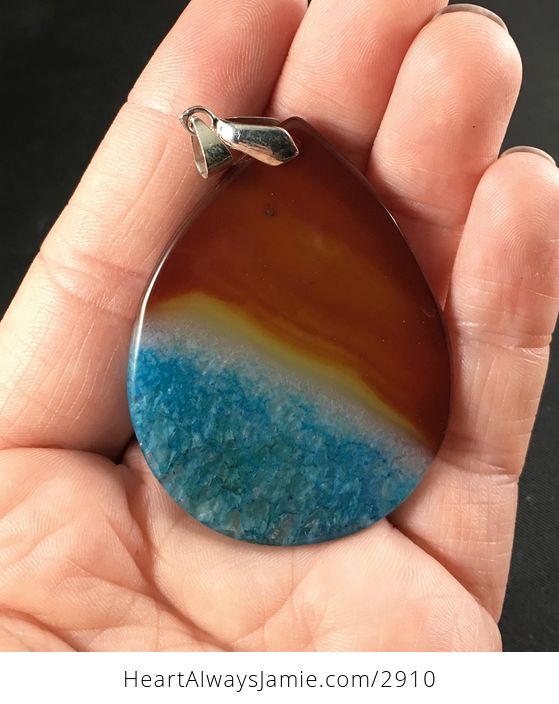 Brown and Orange and Blue Druzy Agate Stone Pendant Necklace - #c02KyTGyOMs-2