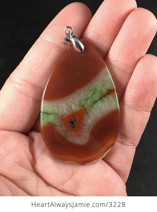 Brown and Orange and Green Druzy Agate Stone Pendant Necklace - #nsKVWTjSPkU-2