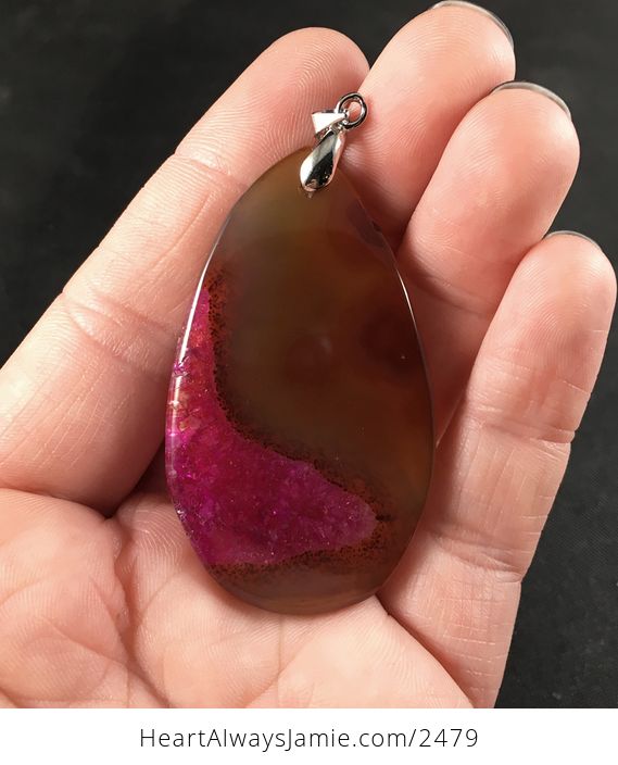 Brown and Pink Druzy Agate Stone Pendant Necklace - #T3QHjFlnkbU-2