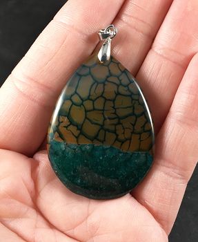 Brown and Teal and Green Dragon Veins Druzy Agate Stone Pendant #pyr7G008yGQ