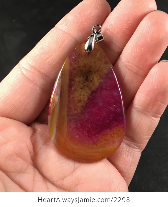 Brown Orange and Beautiful Pink Druzy Agate Stone Pendant Necklace - #FAOZWxvxI5Y-2