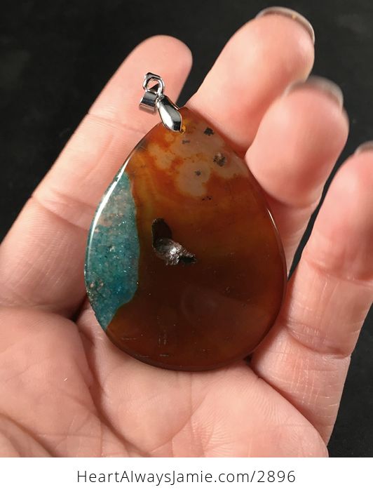 Brown Orange and Blue Druzy Agate Stone Pendant Necklace - #GmKyd8YAFrY-2